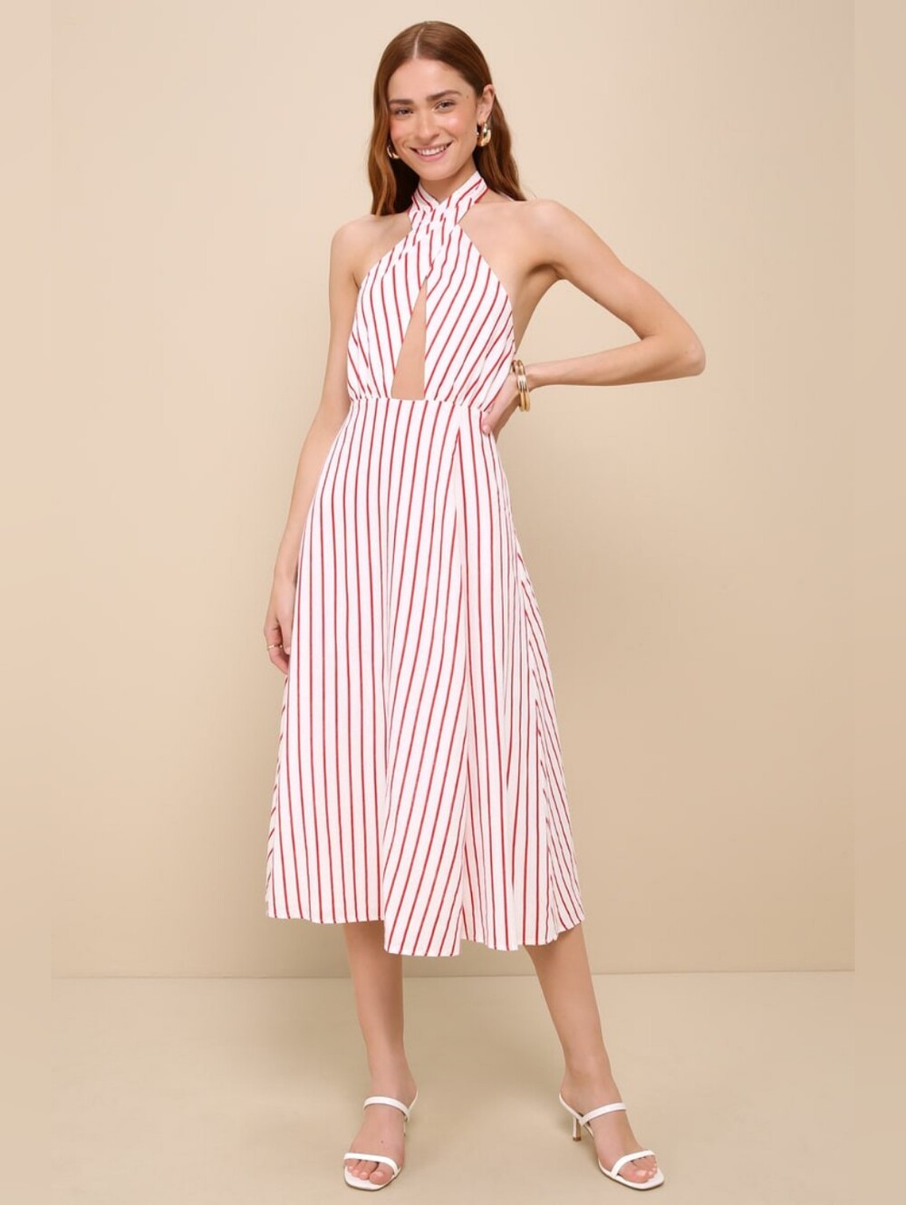 Lulu's White Midi Dress with Red Stripes